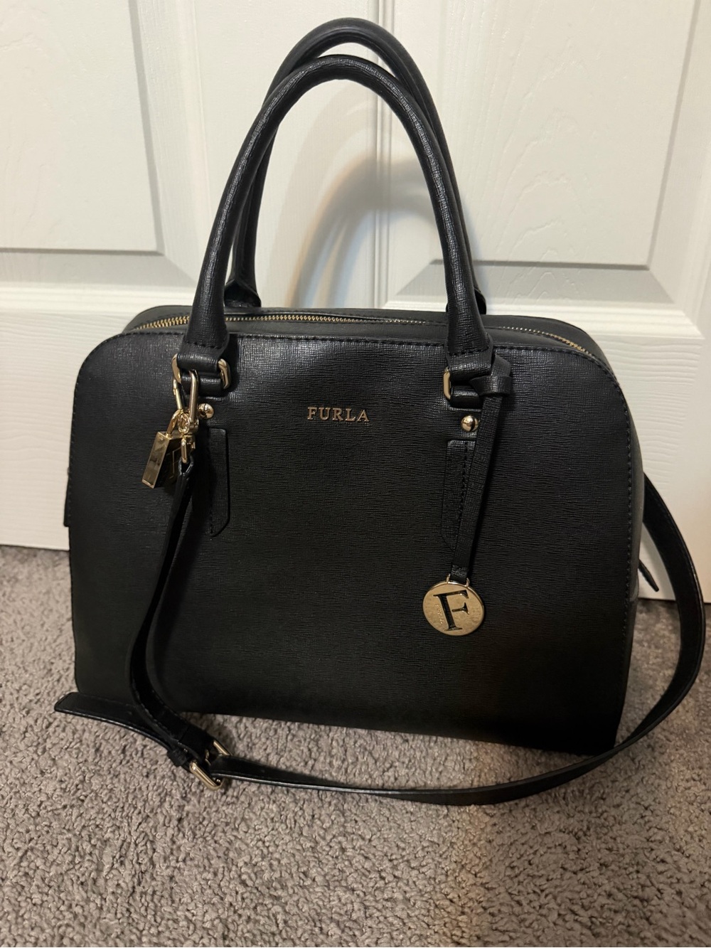 Furla Black Dome Satchel with Gold-Tone Charm